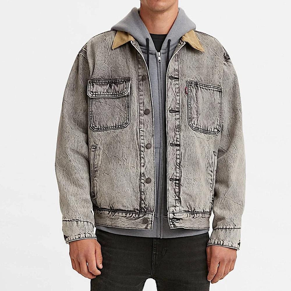 Levi's Washed Black Denim Trucker Jacket with Tan Collar - Picture 2 of 11